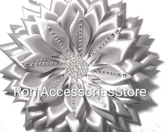 Pin Corsage Light Silver Satin Corsage: Rhinestone Trim Ribbon-Single Layer