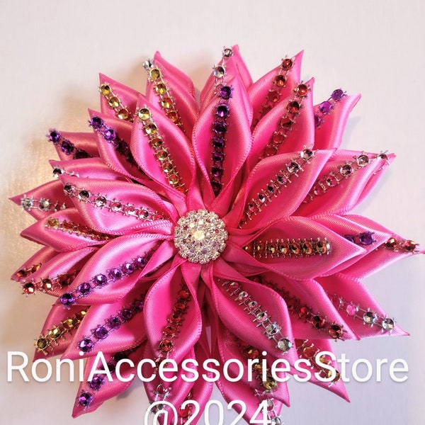 Pin Corsage Bling Hot Pink  Satin Ribbon Flower-Custom Made Handmade by seller