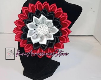 Pin Corsage-Red, Black, Silver Satin Ribbon Flower Brooch  by seller Formal Events