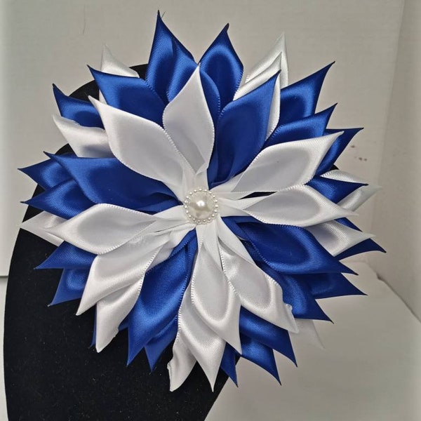 Pin Corsage Royal Blue and White Satin Ribbon Flower Brooch (Single layer) Handmade by seller