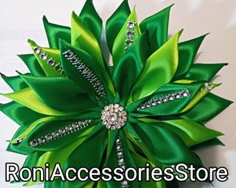 Pin Corsage Emerald Green and Lime Green Satin Ribbon Corsage Brooch:  Single Layer Flower