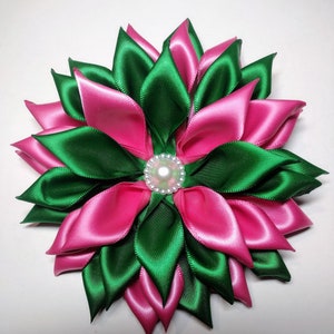 Pin Corsages Dark Green & Dark Pink Satin Ribbon Brooch Handmade by Seller