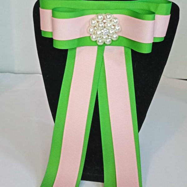 Pin Corsage- Pink and Green Female Bow Tie Grosgrain Handmade by seller