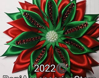 Pin Corsage Satin Ribbon Flower Corsage Brooch: Green and Red Formal Events Weddings brooch pin-Single Layer