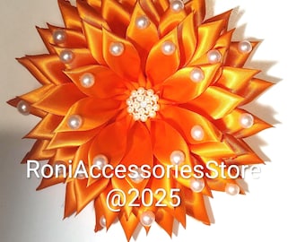 Pin Corsage: Orange Satin Ribbon  with Flat back Pearls Single Layer