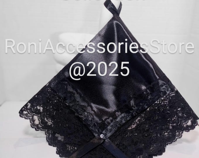 Featured listing image: Pin Corsage and church Handkerchief Set-Black Corsage and Black Satin with Lace Handkerchief.