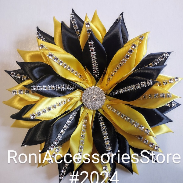 Pin Corsage Bling Black and Yellow Satin Ribbon Flower-Custom Made Handmade by seller