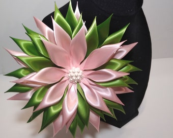 Pin Corsages Green and Pink  Satin Ribbon Flower Brooch Handmade by seller