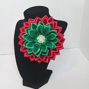 Pin Corsages Green and Red Satin Ribbon Flower Brooch Handmade by seller -made-to-order