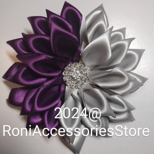 Pin Corsage- Plum and Silver Custom made Satin Double Ribbon Brooch.