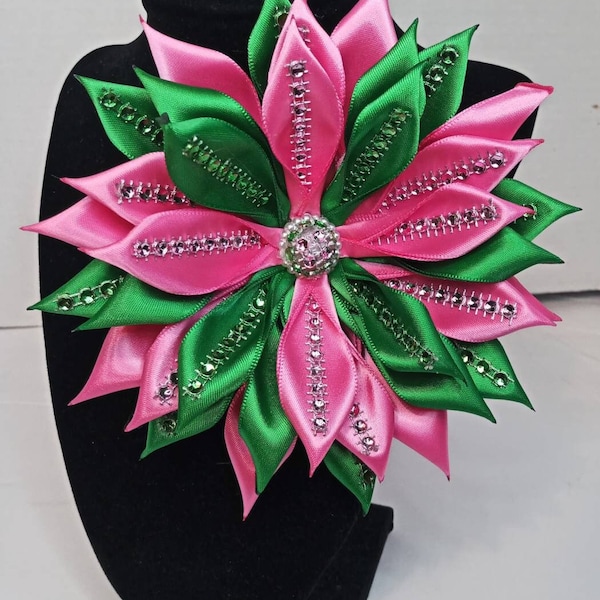 Pin Corsage Bling Green and Pink Satin Ribbon Flower-Custom Made Handmade by seller