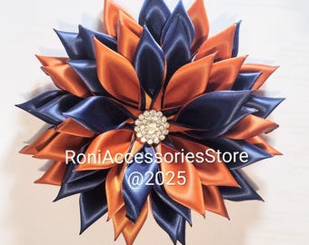 Pin Corsage Burnt Orange & Navy Blue Double Layered Satin Brooch