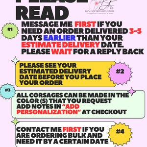 May include: A graphic with text in black, red, and blue on a light pink background. The text includes instructions for ordering, such as contacting the seller and checking the estimated delivery date. The image also features the store's logo.