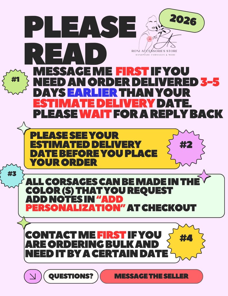 May include: A graphic with text in black, red, and blue on a light pink background. The text includes instructions for ordering, such as contacting the seller and checking the estimated delivery date. The image also features the store's logo.