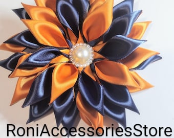 Pin Corsage Orange & Navy Blue Satin Ribbon Flower Brooch:  Corsage Formal Events Weddings-Double Layer