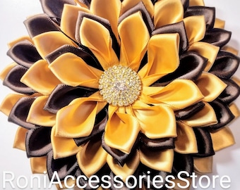 Pin Corsage Satin Ribbon Flower Corsage Brown and Gold  Brooch Formal Events