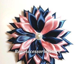 Pin Corsage Navy Blue and Pink Satin Ribbon Corsage:  Flower Brooch Formal Events Weddings -Single Layer
