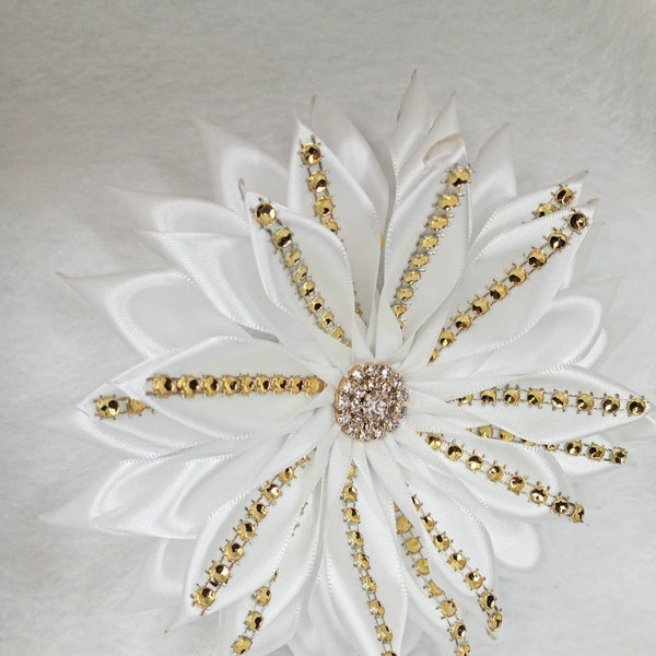 Pin Corsages White and Silver or Gold Metallic Rhinestone Satin Ribbon Brooch Handmade by seller