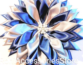 Pin Corsage Navy Blue and Silver Satin Corsage Brooch -  Ribbon Flower Pin Formal Events Weddings -Single Layer