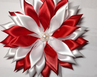 Pin Corsage-Dark Red and White Double Layer Satin Ribbon Flower Brooch.