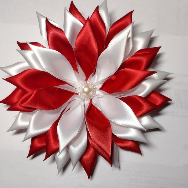 Pin Corsage-Dark Red and White Double Layer Satin Ribbon Flower Brooch.