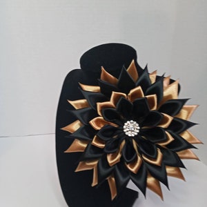 Pin Corsage Gold and Black Satin Ribbon Flower Brooch Handmade by seller