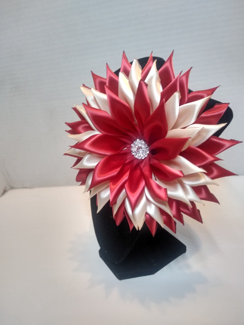 Pin Corsages Dark Red and Ivory Cream Satin Ribbon Flower Brooch