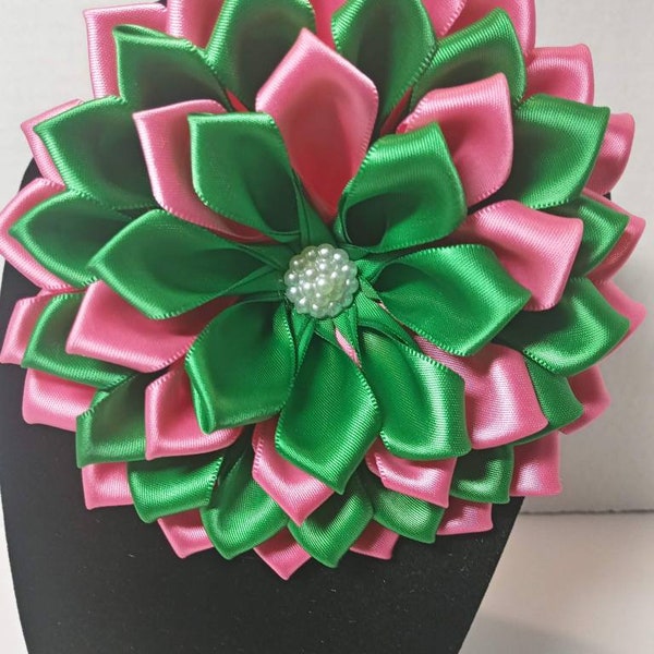 Pin Corsges Dark Pink and Emerald Green Satin Ribbon Brooch