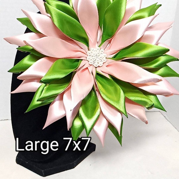 Pin Corsages Double Pink color and Green Satin Ribbon Brooch (Med Size Displayed) Handmade by seller