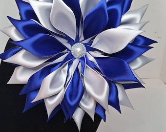 Pin Corsage-Royal Blue and White Double Layer Satin Ribbon Flower Brooch.