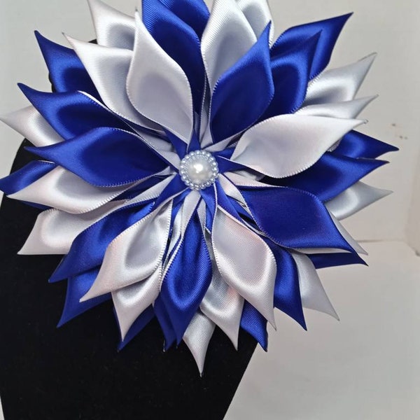 Pin Corsage-Royal Blue and White Double Layer Satin Ribbon Flower Brooch.