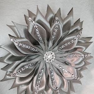 Pin Corsage Dark Silver with Rhinestone Trim Satin single layer Ribbon Flower