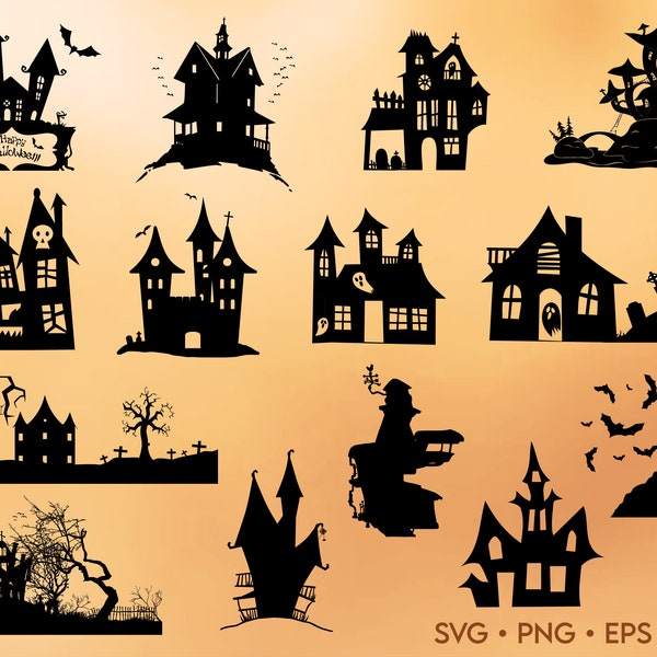 Haunted Houses SVG - Halloween SVG - Svg Spooky Houses - Halloween Clip Art - Halloween Vector for Cricut - Svg Bundle - Svg Png Eps Dxf