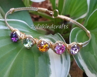 Handmade Wire Wrapped Swarovski Rhinestone Birthstone Bracelet, silver/gold plated wire & 6mm stones