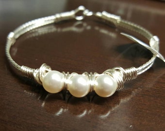 Handmade wire wrapped bracelet with 3 white swarovski pearls & non tarnish silver or gold plated wire