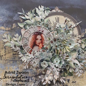 May include: A mixed media artwork featuring a clock face with Roman numerals, a photo of a woman, and floral embellishments. The design includes leaves, flowers, and pearls in shades of green, white, and gray. The text "Moments" is visible.