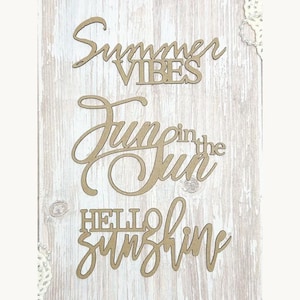 Può includere: Cartello in legno con le frasi "Summer Vibes", "Fun in the Sun" e "Hello Sunshine" in un carattere corsivo. Il cartello è montato su uno sfondo di legno chiaro e invecchiato, con accenti di pizzo decorativo.