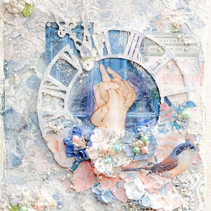 May include: Mixed media artwork featuring a clock face with Roman numerals, hands clasped, and floral embellishments. The color palette includes shades of blue, white, and peach. A small bird is perched on the flowers. The background has a textured, vintage appearance.