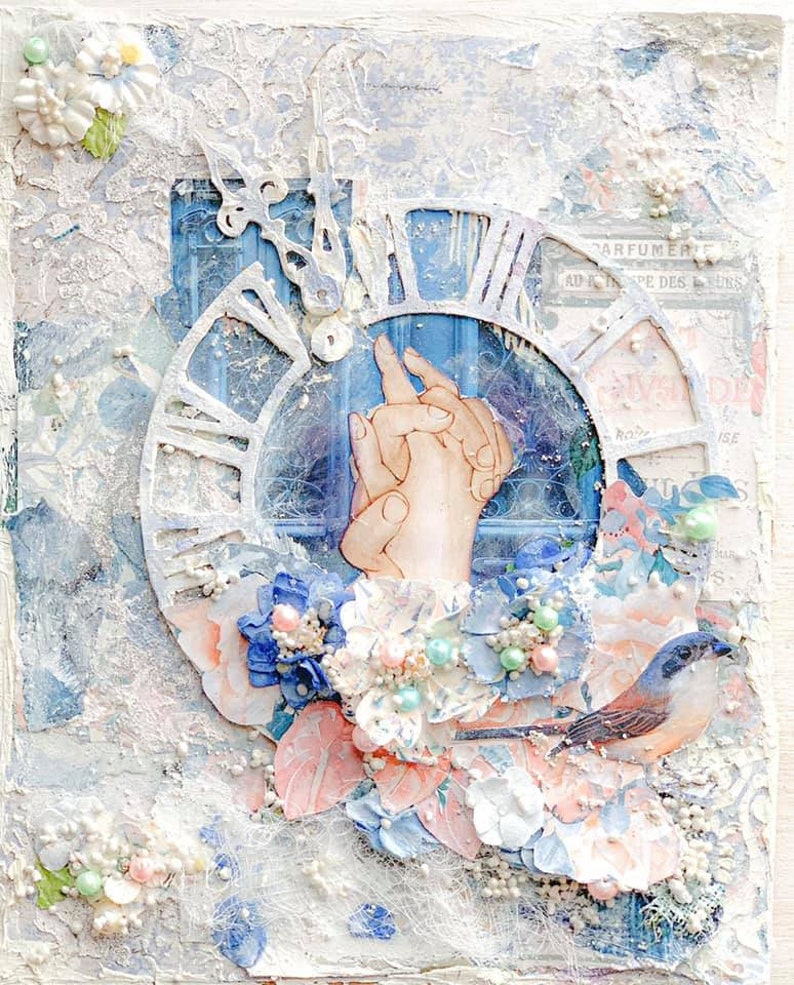 May include: Mixed media artwork featuring a clock face with Roman numerals, hands clasped, and floral embellishments. The color palette includes shades of blue, white, and peach. A small bird is perched on the flowers. The background has a textured, vintage appearance.