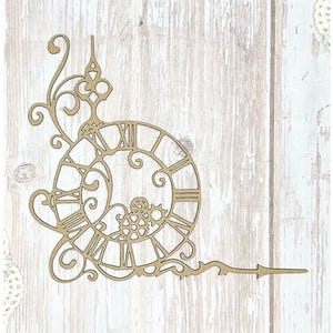 May include: A laser-cut wooden clock face with Roman numerals and ornate scrollwork. The clock design features a gear detail and an arrow-shaped hand, perfect for steampunk or vintage-themed crafts and decor.