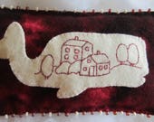 Primitive Folk Art Redwork Wool Pattern - "Fiona the Redwork Whale"  Wool Embroidery Beads  Blanket Stitch Beaded Blanket Stitch