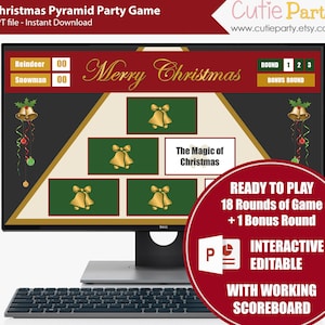 May include: A computer screen displaying a Christmas-themed party game with a pyramid of bells and the text "Merry Christmas". The game is interactive and editable with a working scoreboard. The game is ready to play with 18 rounds and a bonus round.