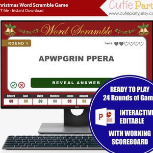 May include: A computer monitor displaying a Christmas Word Scramble game. The screen shows a word puzzle with the text "APWPGRIN PPERA" and a "Reveal Answer" button. A blue circle on the right says "Ready to Play 24 Rounds of Game".