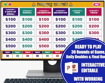 Juego Diwali Jeoparty, Juego de trivia navideña Diwali, Juego virtual Diwali Jeoparty, Fiesta virtual navideña india, Juego interactivo de PowerPoint
