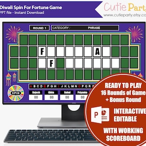 May include: A computer screen showing a Diwali Spin For Fortune Game. The game board displays a partially revealed phrase with the letters "F" and "A". The screen also displays the text "READY TO PLAY 16 Rounds of Game + Bonus Round".