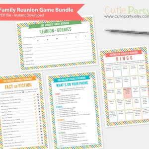 Family Reunion Game Bundle, Bingo Game, What’s on Your Phone, Scattergories,True or False, Reunion Game Template, Colorful Family Party Game