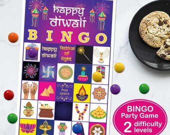Juego de bingo Diwali, juego de bingo de fiesta navideña india, bingo navideño asiático, juego de bingo Deepavali imprimible, plantilla de juego de bingo Diwali DIY