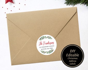 Plantilla de etiqueta de dirección de devolución, etiqueta de dirección de Navidad, sello de sobre editable, pegatina redonda de dirección de Navidad, etiqueta de dirección de ramitas de invierno