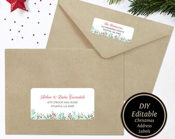 Plantilla de etiqueta de dirección de Navidad, etiqueta de dirección editable, etiqueta de sobre de vacaciones, papelería de Navidad, etiqueta de dirección de acebo de acuarela
