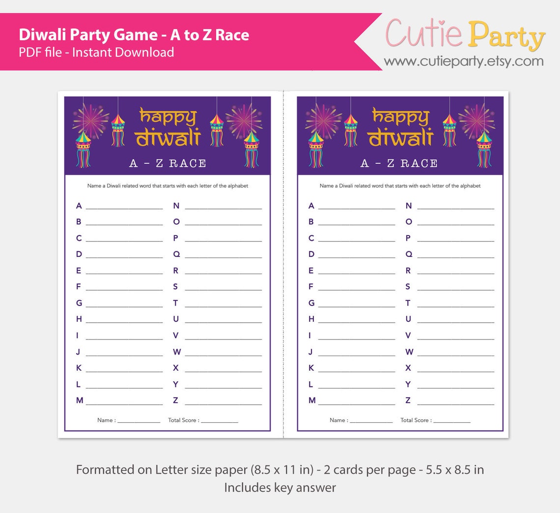 Diwali AZ Diwali Party Game Indian Party Game Diwali Word Etsy